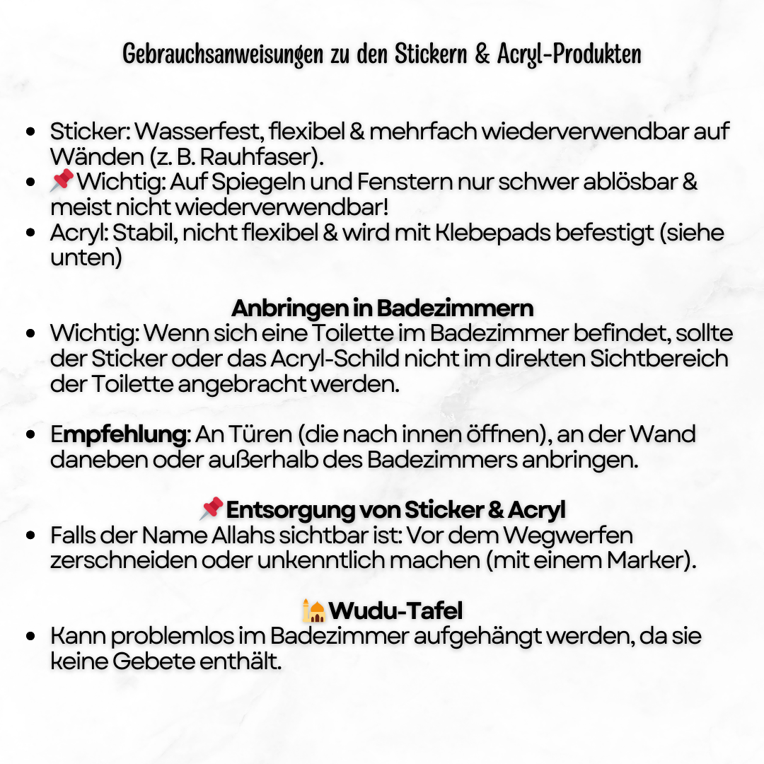 Wudu Acrylglas-Tafel (3mm) – Schritt-für-Schritt Gebetswaschung (inkl. Klebepads)