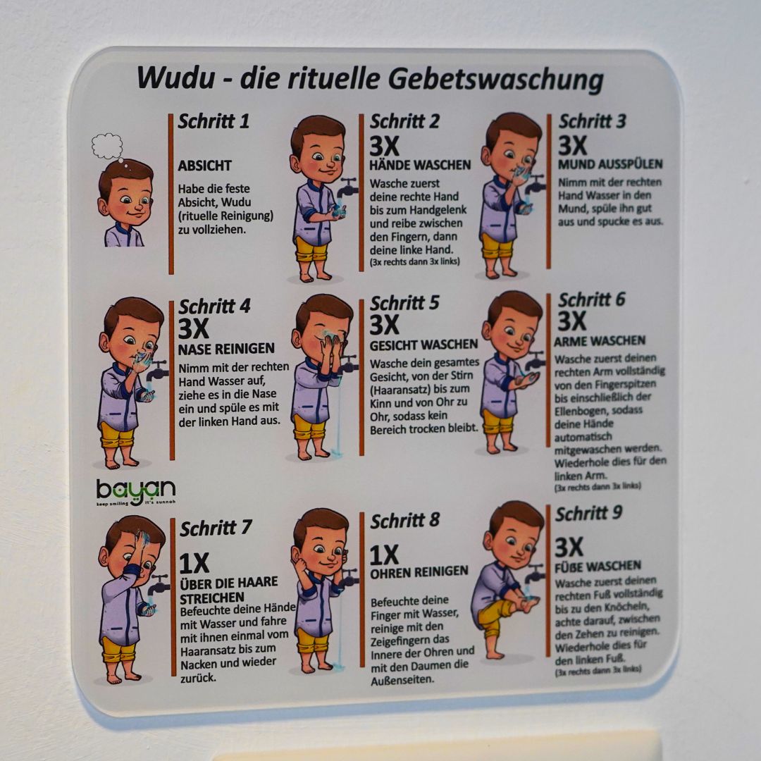 Wudu Acrylglas-Tafel (3mm) – Schritt-für-Schritt Gebetswaschung (inkl. Klebepads)
